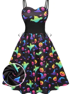 Online Retro Stage 1950s Halloween Colorful Print Strap Dress Purple