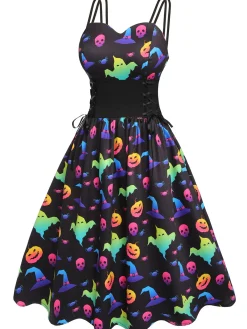 Online Retro Stage 1950s Halloween Colorful Print Strap Dress Purple