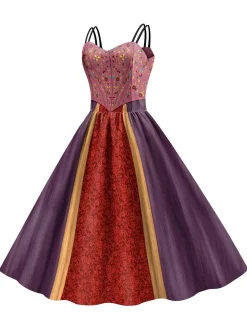 Sale Retro Stage 1950s Halloween Double Straps Patchwork Dress Multicolor