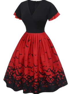 Sale Retro Stage 1950s Halloween Flounce Sleeve Swing Dress Red