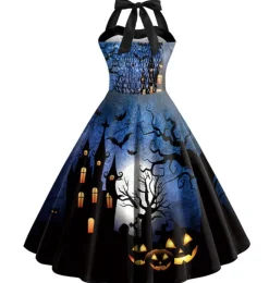 Clearance Retro Stage 1950s Halloween Halter Waist Swing Dress Blue