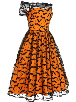 Clearance Retro Stage 1950s Halloween Lace Off-shoulder Swing Dress Orange