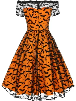 Clearance Retro Stage 1950s Halloween Lace Off-shoulder Swing Dress Orange