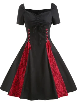 Clearance Retro Stage 1980s Halloween Lace Patchwork Swing Dress