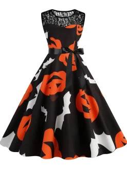 Clearance Retro Stage 1950s Halloween Lace Patchwork Sleeveless Dress