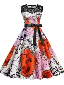 Clearance Retro Stage 1950s Halloween Lace Patchwork Sleeveless Dress
