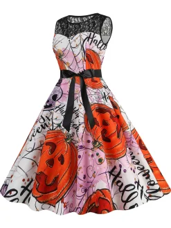 Clearance Retro Stage 1950s Halloween Lace Patchwork Sleeveless Dress