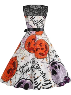 Clearance Retro Stage 1950s Halloween Lace Patchwork Sleeveless Dress
