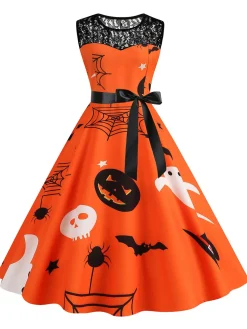 Clearance Retro Stage 1950s Halloween Lace Patchwork Sleeveless Dress