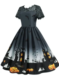 Hot Retro Stage 1950s Halloween Lace Patchwork Short Sleeves Dress
