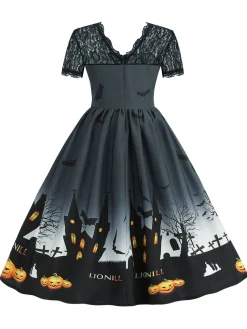 Hot Retro Stage 1950s Halloween Lace Patchwork Short Sleeves Dress
