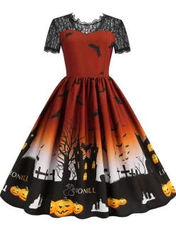 Hot Retro Stage 1950s Halloween Lace Patchwork Short Sleeves Dress