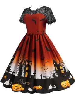 Hot Retro Stage 1950s Halloween Lace Patchwork Short Sleeves Dress