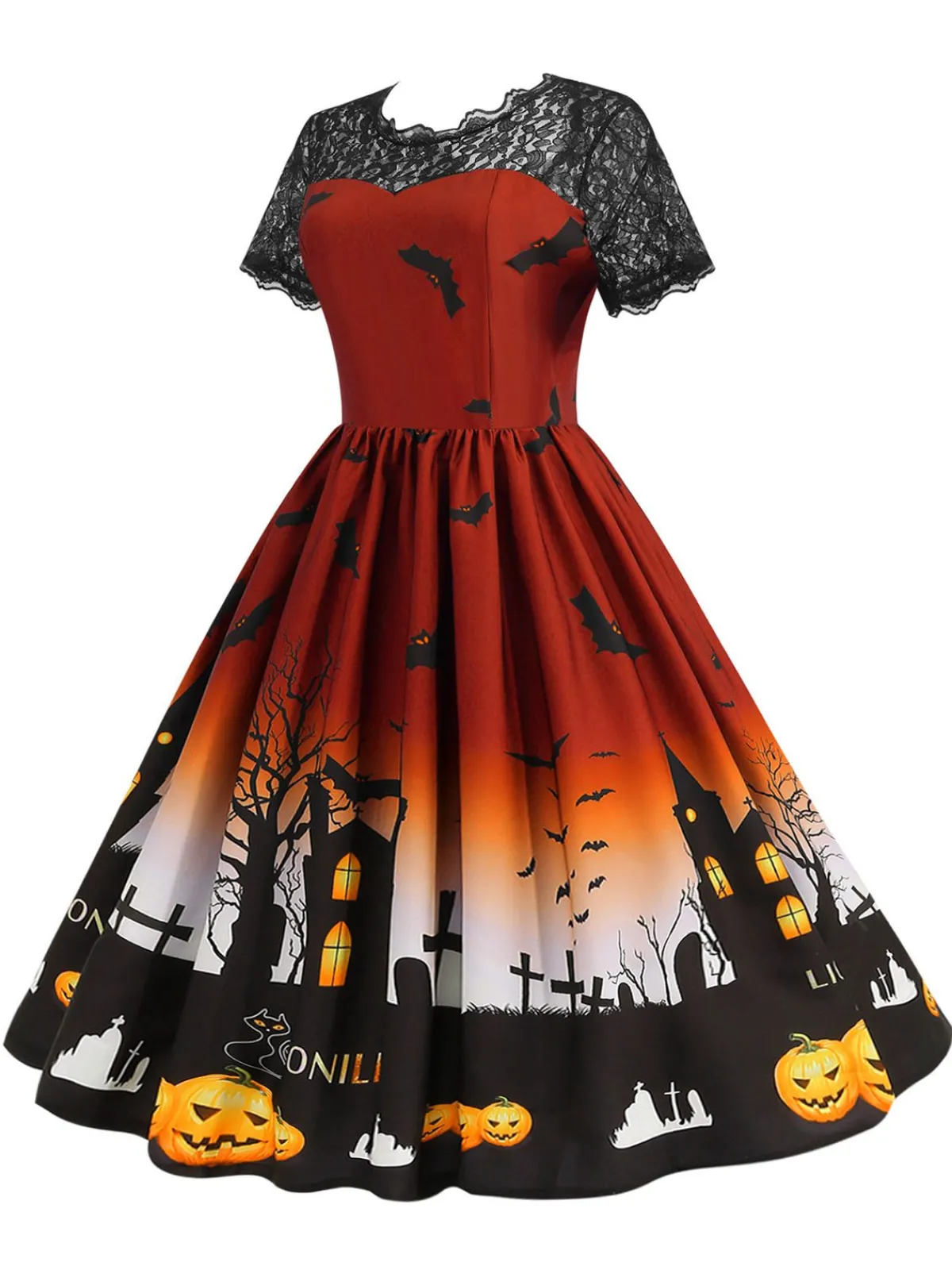 Hot Retro Stage 1950s Halloween Lace Patchwork Short Sleeves Dress
