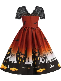 Hot Retro Stage 1950s Halloween Lace Patchwork Short Sleeves Dress