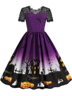 Hot Retro Stage 1950s Halloween Lace Patchwork Short Sleeves Dress