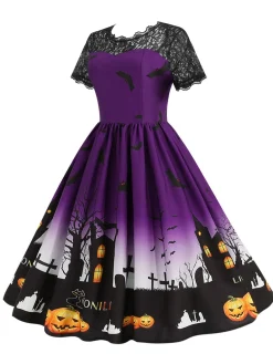 Hot Retro Stage 1950s Halloween Lace Patchwork Short Sleeves Dress
