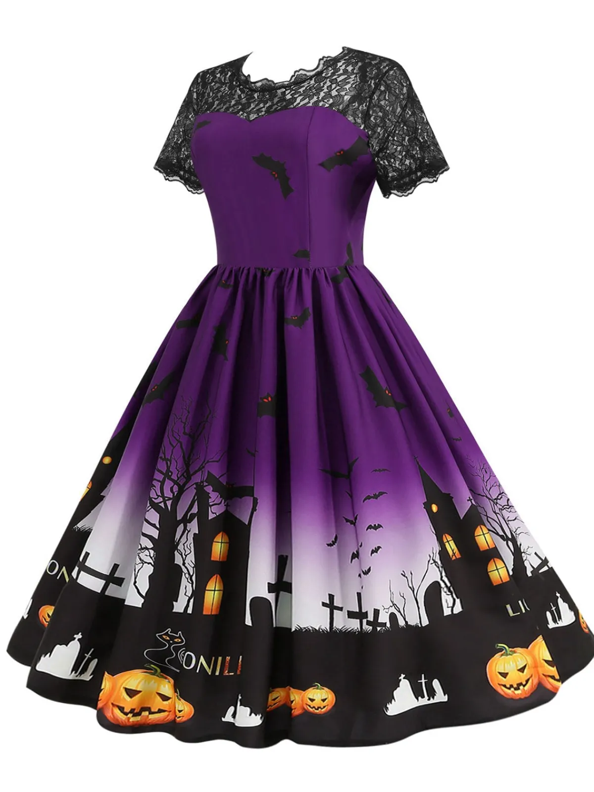 Hot Retro Stage 1950s Halloween Lace Patchwork Short Sleeves Dress