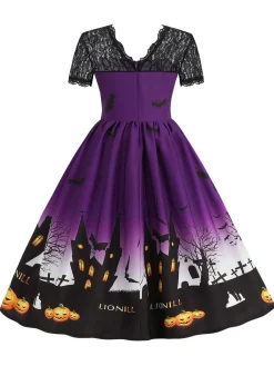 Hot Retro Stage 1950s Halloween Lace Patchwork Short Sleeves Dress