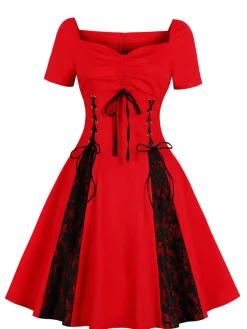 Discount Retro Stage 1980s Halloween Lace Patchwork Swing Dress
