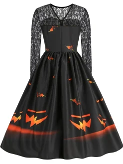Outlet Retro Stage 1950s Halloween Lace Sleeves Patchwork Dress