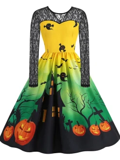 Outlet Retro Stage 1950s Halloween Lace Sleeves Patchwork Dress