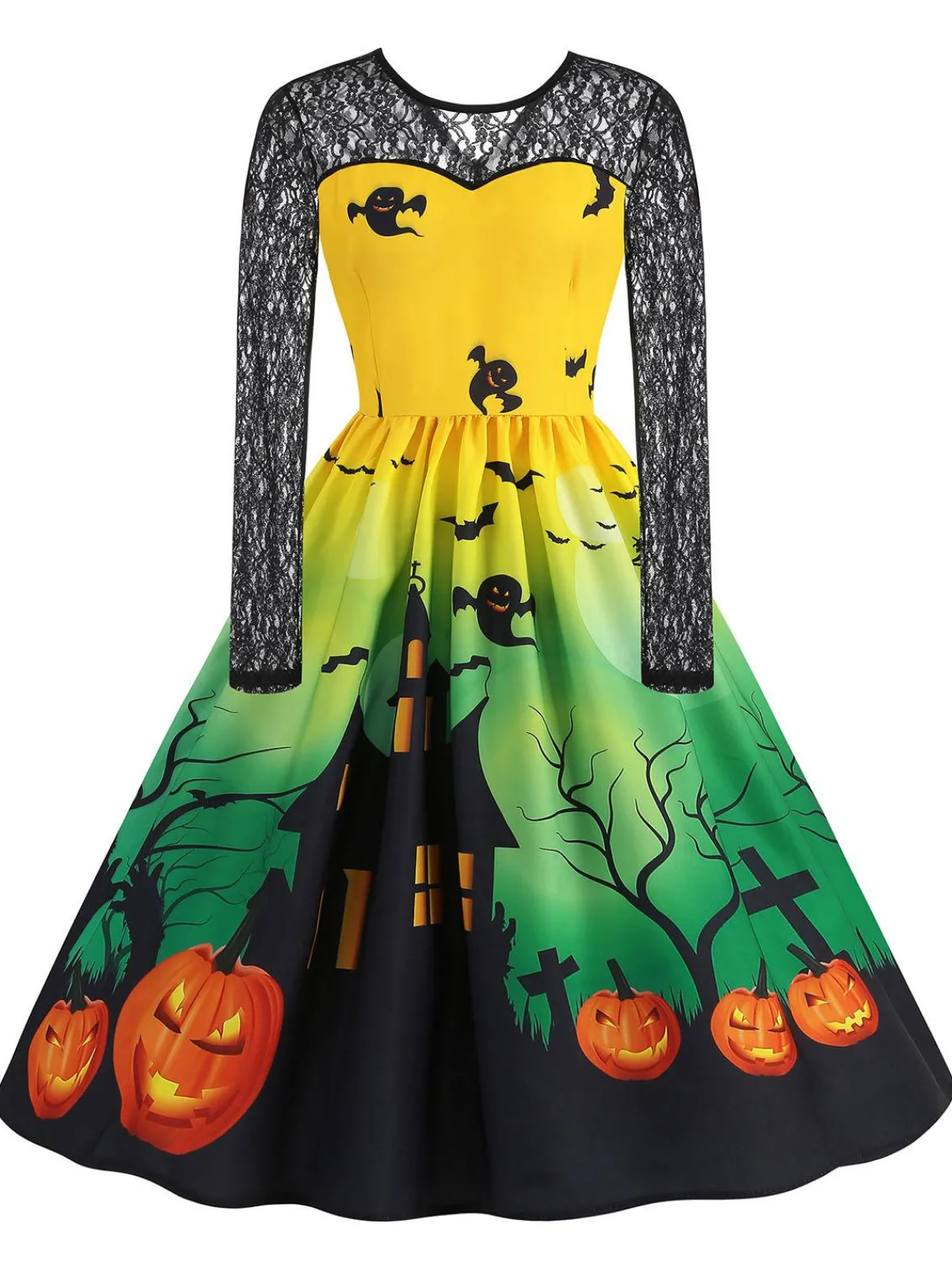 Outlet Retro Stage 1950s Halloween Lace Sleeves Patchwork Dress