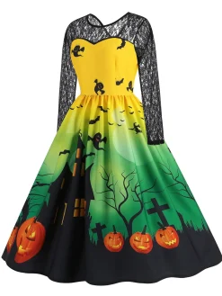 Outlet Retro Stage 1950s Halloween Lace Sleeves Patchwork Dress