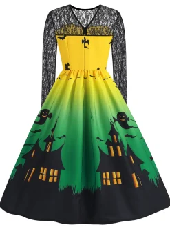 Outlet Retro Stage 1950s Halloween Lace Sleeves Patchwork Dress