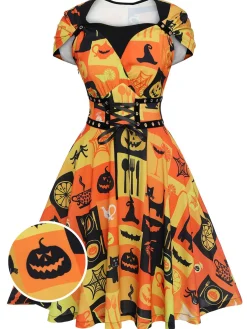 New Retro Stage 1950s Halloween Lace-Up Peter Pan Collar Dress Multicolor