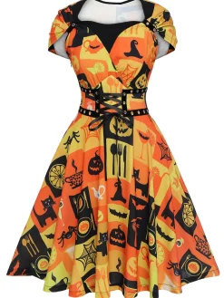 New Retro Stage 1950s Halloween Lace-Up Peter Pan Collar Dress Multicolor