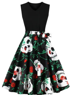 Online Retro Stage 1950s Halloween Patchwork Belt Swing Dress