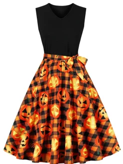 Online Retro Stage 1950s Halloween Patchwork Belt Swing Dress
