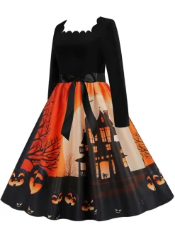 Fashion Retro Stage 1950s Halloween Patchwork Long Sleeves Dress