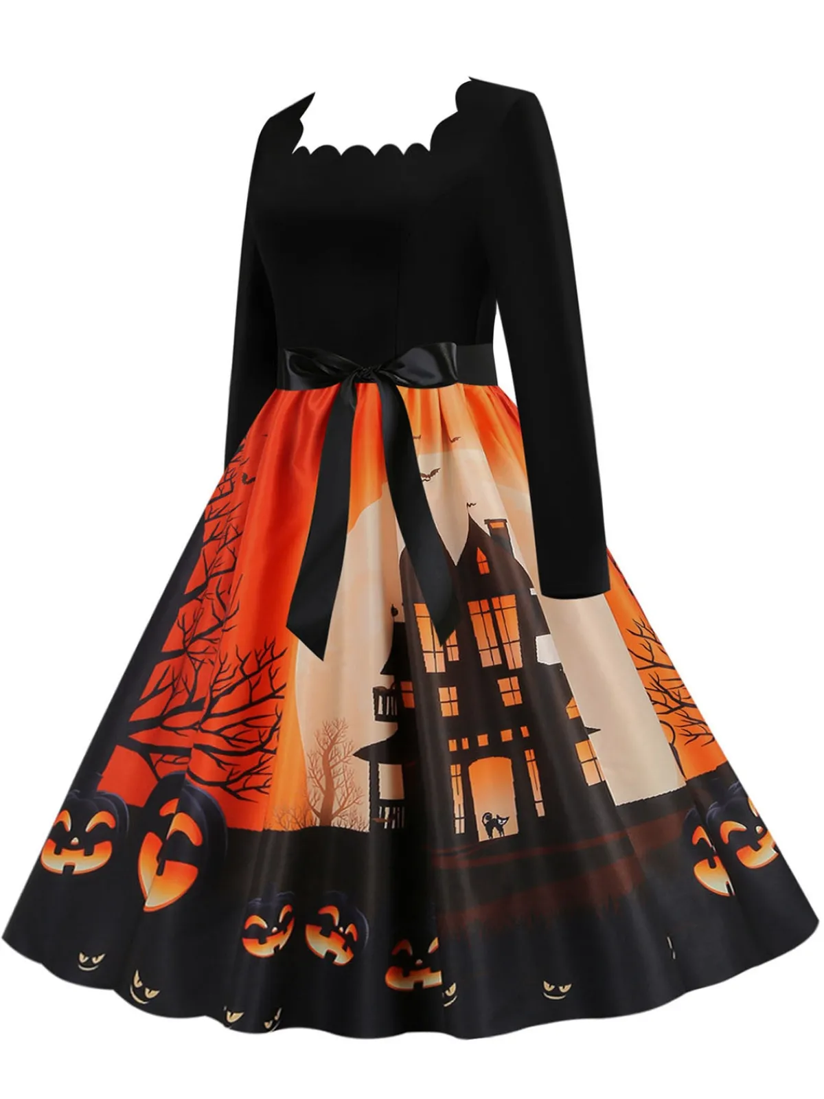 Fashion Retro Stage 1950s Halloween Patchwork Long Sleeves Dress