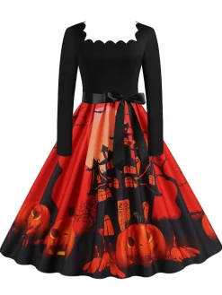 Fashion Retro Stage 1950s Halloween Patchwork Long Sleeves Dress