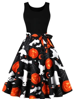Online Retro Stage 1950s Halloween Patchwork Sleeveless Dress