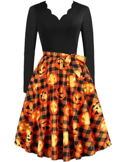 New Retro Stage 1950s Halloween Pattern Wave Neck Patchwork Dress