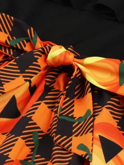 New Retro Stage 1950s Halloween Pattern Wave Neck Patchwork Dress