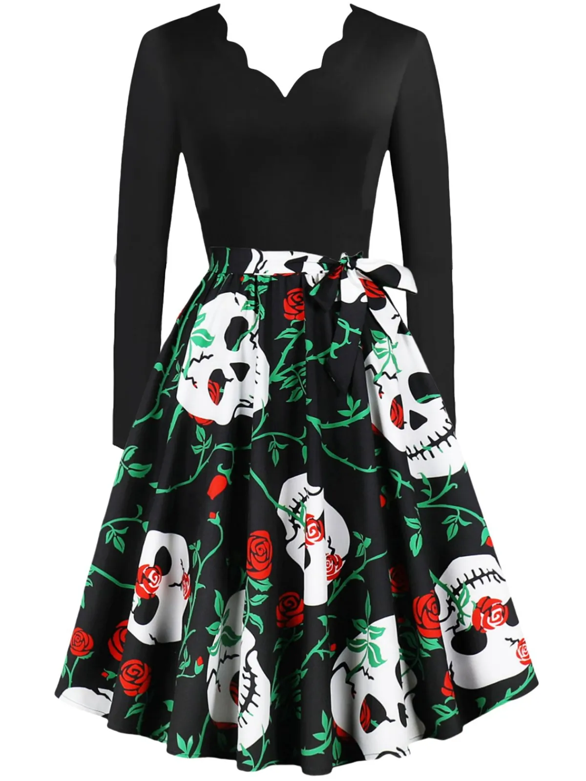 New Retro Stage 1950s Halloween Pattern Wave Neck Patchwork Dress