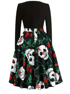 New Retro Stage 1950s Halloween Pattern Wave Neck Patchwork Dress
