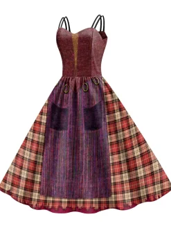 Outlet Retro Stage 1950s Halloween Plaid Double Straps Dress Multicolor