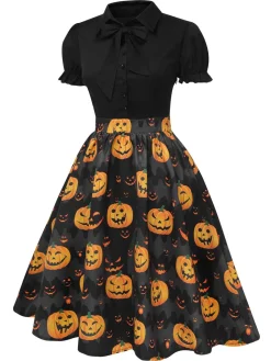 Online Retro Stage 1950s Halloween Pumpkin Bow Tie Dress Black