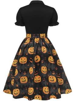 Online Retro Stage 1950s Halloween Pumpkin Bow Tie Dress Black