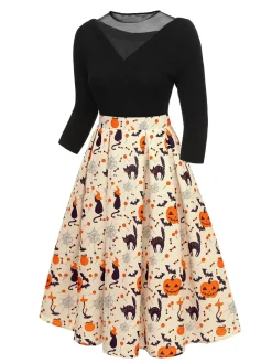 Best Retro Stage 1950s Halloween Pumpkin Cat Knitted Top Patchwork Dress Beige