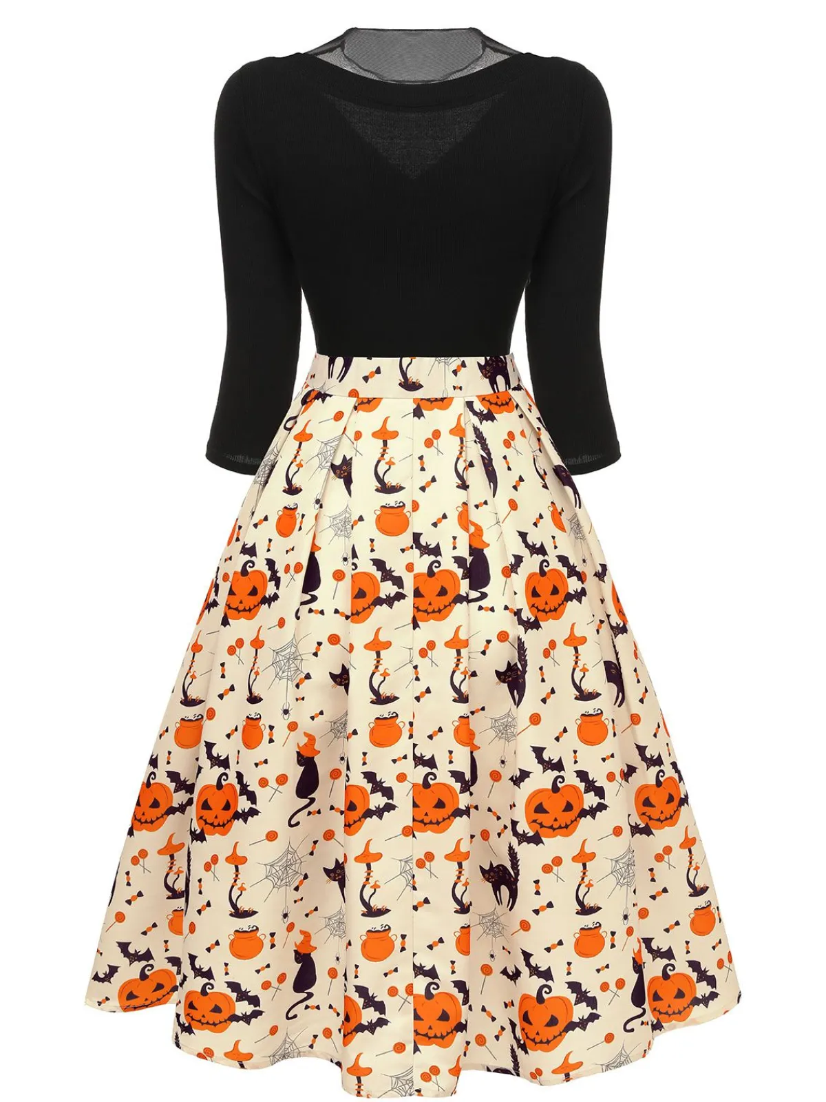Best Retro Stage 1950s Halloween Pumpkin Cat Knitted Top Patchwork Dress Beige