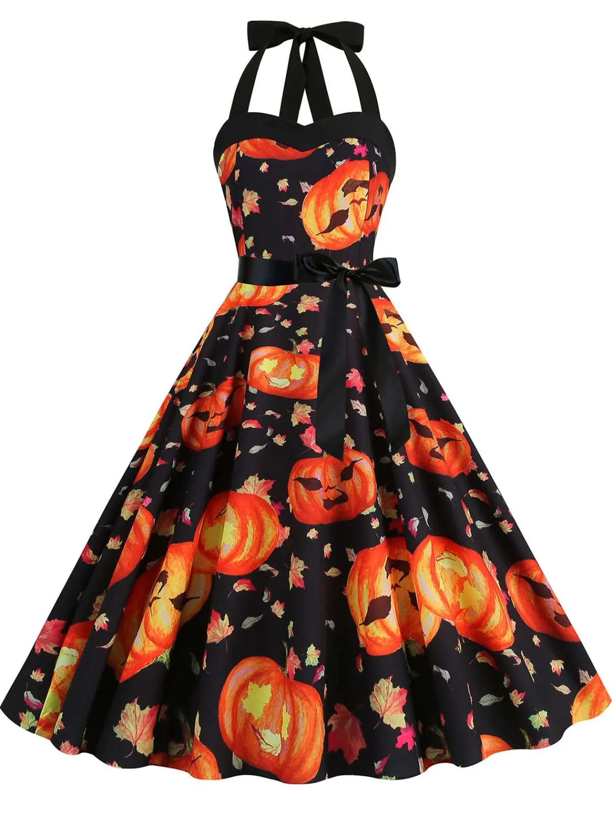 Hot Retro Stage 1950s Halloween Pumpkin Face Halter Dress
