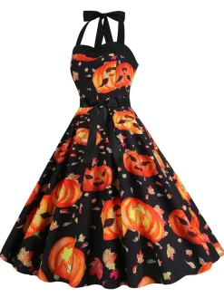 Hot Retro Stage 1950s Halloween Pumpkin Face Halter Dress