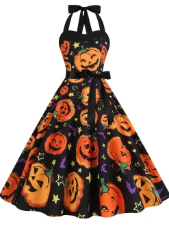 Hot Retro Stage 1950s Halloween Pumpkin Face Halter Dress