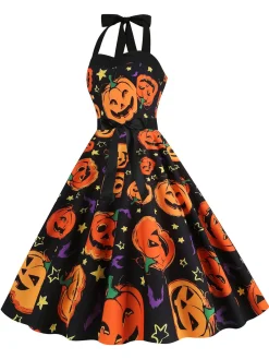 Hot Retro Stage 1950s Halloween Pumpkin Face Halter Dress
